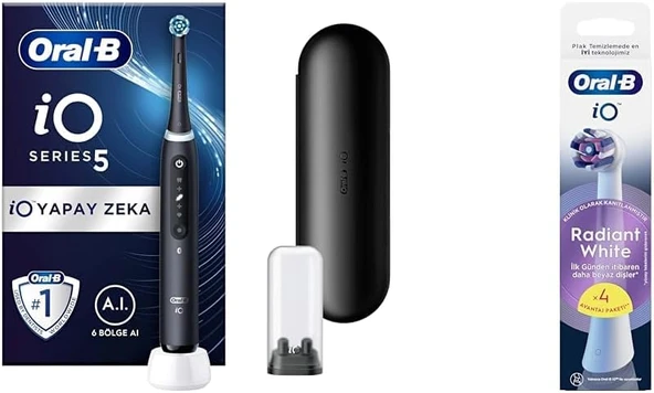 Io - 5 Siyah Yapay Zeka Teknolojili Şarjlı/Elektrikli Fırçası + Io Radiant White Beyaz Fırçası Yedek Başlığı 4 Adet ürün görseli 1