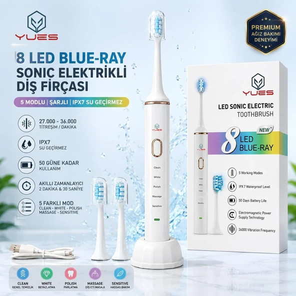 Yues 8 Led Işıklı Sonic Elektrikli Beyazlatıcı Fırçası, Şarjlı Fırçası, 5 Temizlik Modlu, Ipx7 Su Geçirmez, 27.000-36.000 Titreşim/Dakika, 50 Gün Kullanım, 2 Yedek Başlık, Şarj Standı ürün görseli 1