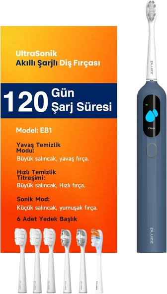 Pluzz Sonik Şarjlı Fırçası 120 Gün Şarj Süresi 6 Adet Başlık (Lacivert) ürün görseli 1