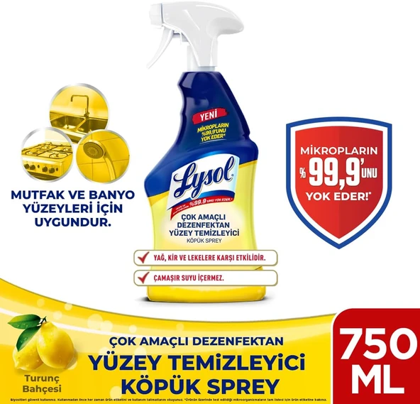 Lysol Çok Amaçlı Dezenfektan Yüzey Temizleyici Köpük Sprey 750 Ml ürün görseli 1