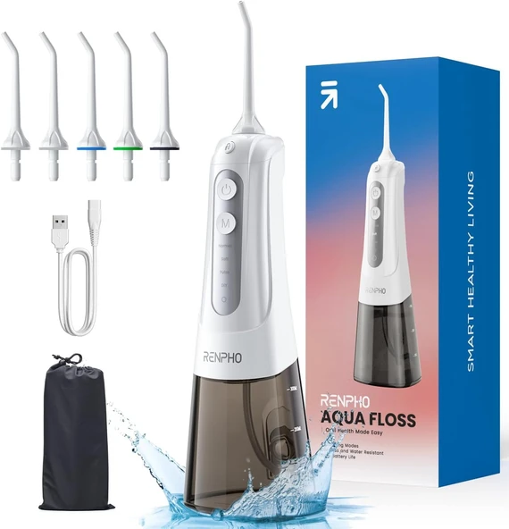 Renpho Akülü Duşu, 300Ml Taşınabilir Suya Dayanıklı Usb Şarj Edilebilir Dental Irrigator, Diy Ile 4 Mod, 5 Jet Uç, Su Seçtikleri Ev Seyahati Için Temizleyici ürün görseli 1