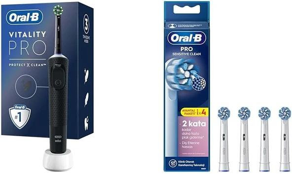 Şarjlı/Elektrikli Fırçası Vitality Siyah Koruma Temizlik + Sensitive X-Filament Şarjlı Fırçası Yedek Başlığı 4 Adet ürün görseli 1