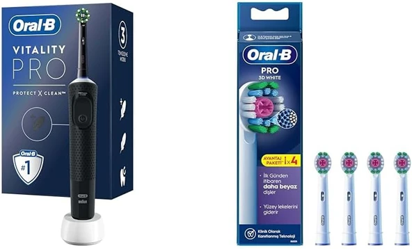Şarjlı/Elektrikli Fırçası Vitality Siyah Koruma Temizlik + 3D White X-Filament Şarjlı Fırçası Yedek Başlığı 4 Adet ürün görseli 1