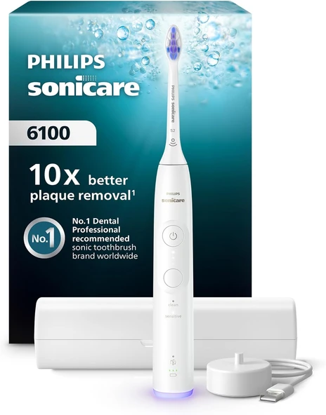 Sonicare 6100 Şarjlı Fırçası, 21 Gün Şarj, 10 Kat Plak Temizliği, Işıklı Basınç Sensörü, Ektra Nazik, 6 Mod, Seyahat Kabı, Beyaz, Hx7400/06 ürün görseli 1