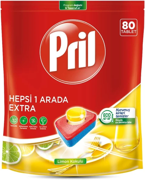 Pril Hepsi Bir Arada Extra Tablet Bulaşık Deterjanı 80 Yıkama, 80 Tablet ürün görseli 1