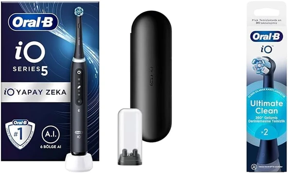 Io - 5 Siyah Yapay Zeka Teknolojili Şarjlı/Elektrikli Fırçası + Io Ultimate Clean Siyah Fırçası Yedek Başlığı 2 Adet ürün görseli 1