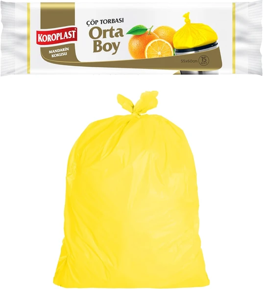 Koroplast Mandarin Kokulu Orta Boy Poşeti 15'Li 55X60 Cm, Sızdırmaz Yırtılmaz, Kötü Koku Karşıtı Kokulu Orta Boy Torbası, Geri Dönüştürülebilir Atık Torbası, Güçlü Dayanıklı Poşeti ürün görseli 1