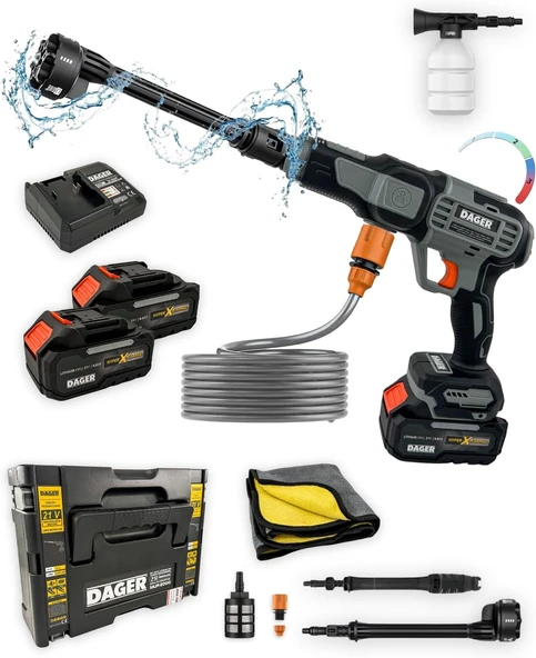 Dager Aqua Force 21V Kömürsüz Şarjlı Yüksek Basınçlı Yıkama Makinesi Seti | Çift 4.0 Ah Akü + Köpük Haznesi + Mikrofiber Havlu | 70 Bar ürün görseli 1