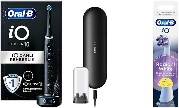 Io Sense Ile Io - 10 Siyah Elektrikli/Şarjlı Fırçası + Io Radiant White Beyaz Fırçası Yedek Başlığı 4 Adet ürün görseli 1
