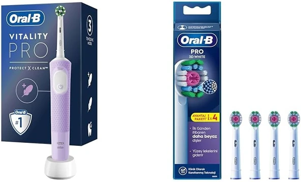 Şarjlı/Elektrikli Fırçası Vitality Lila Koruma Temizlik + 3D White X-Filament Şarjlı Fırçası Yedek Başlığı 4 Adet ürün görseli 1