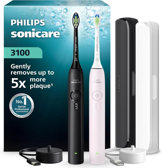 Türk Sonicare 3100 Sonic Şarjlı Fırçası 2'Li Paket, Siyah Toz Pembe, 5 Kat Plak Temizliği, Basınç Sensörü, 14 Gün Şarj Ömrü, 3 Hız Ayarı,2 Şarj Standı, 2 Seyahat Kabı - Hx4072/42 ürün görseli 1