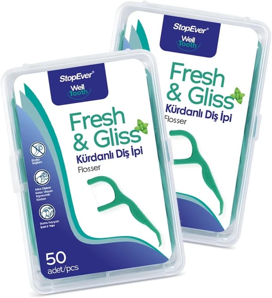 Stopever Fresh & Gliss Kürdanlı İpi 2'Li Paket (100 Adet) | Nane Aromalı | Arası Temizliği, Ağız Hijyeni Günlük Kullanım Için İdeal | Plastik Kutulu Taşıma Kılıflı Hediyeli ürün görseli 1
