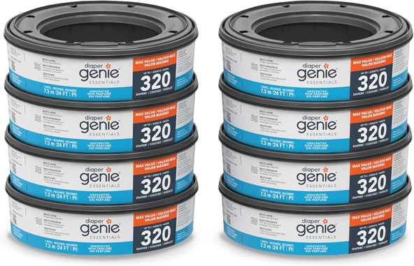 Diaper Genie Essentials Yuvarlak Yedek 8'Li Paket | 2560'A Kadar Yenidoğan Bezi Tutar | Kokusuz Sürekli Film İçerir | Bebek Bezi Genie Komple İfade Kovaları Ile Uyumlu ürün görseli 1