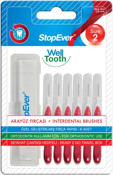 Stopever Well Tooth Arayüz Fırçası, Kırmızı - Size 2 | 0.5 Mm İnce Telli Arası Fırçası, Taşıma Kutusu Hediyeli | Ortodontik Kullanıma Uygun | 6 Adet ürün görseli 1
