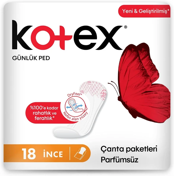 Kotex İnce Günlük Ped Parfümsüz 18'Li 1 Paket ürün görseli 1