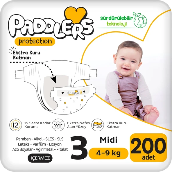 Paddlers Protection Bebek Bezi 3 Numara Midi (4-9 Kg) 200 Adet – Ekstra Set, Maksimum Koruma ürün görseli 1