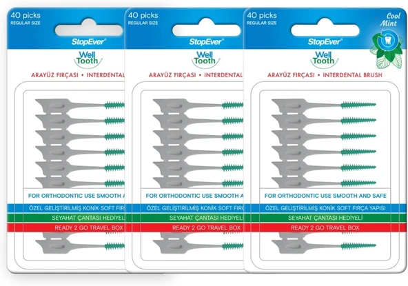 Stopever Well Tooth Arayüz Fırçası, Normal Boy, Beyaz & Yeşil, 3 Paket, 120 Adet ürün görseli 1