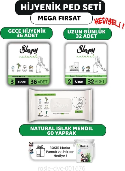 Sleepy Hassas Ped Gece 36'Lı, Günlük Ped 32'Li, 60'Lı Mendil Rosie ürün görseli 1