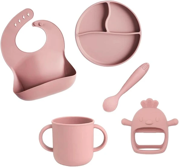 Meleni Baby 5'Li Set Silikon Mama Önlüğü Kulplu Bardak Vakumlu Tabak Mama Kaşığı Bebek Kaşıyıcı Pembe ürün görseli 1