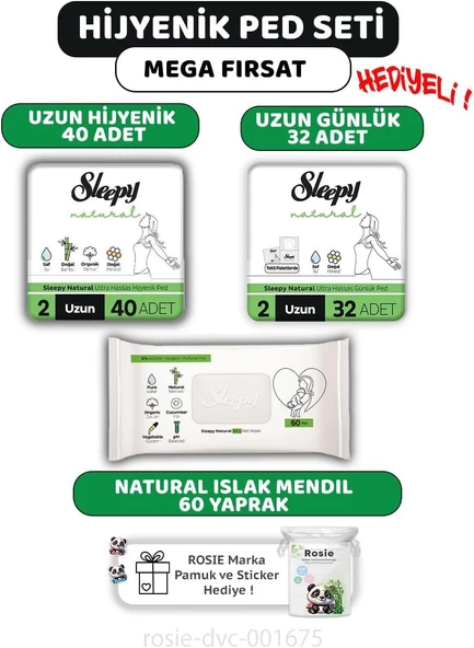 Sleepy Hassas Ped Uzun 40'Lı, Günlük Ped 32'Li, 60'Lı Mendil Rosie ürün görseli 1