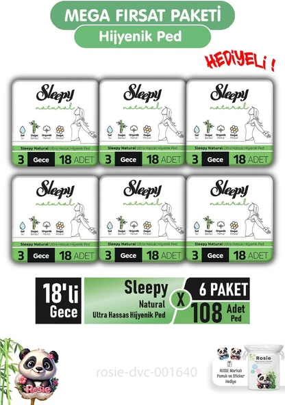 Sleepy Hassas Hijyenik Ped 18'Li Gece X 6 Paket Rosie ürün görseli 1