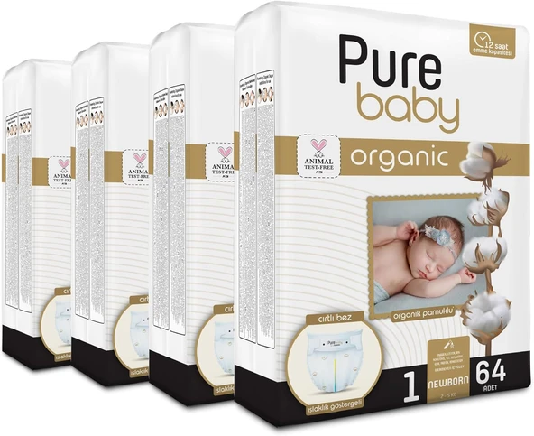 Pure Baby Organik Pamuklu Cırtlı Bez 4'Lü Paket 1 Numara Yenidogan 256 Adet ürün görseli 1