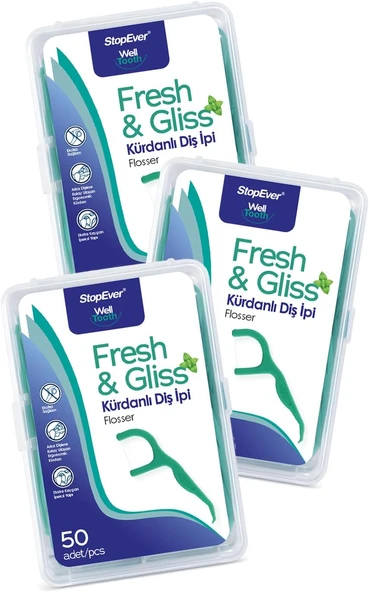 Stopever Fresh & Gliss Kürdanlı İpi 3'Lü Paket (150 Adet) | Nane Aromalı | Arası Temizliği, Ağız Hijyeni Günlük Kullanım Için İdeal | Plastik Kutulu Taşıma Kılıflı Hediyeli ürün görseli 1