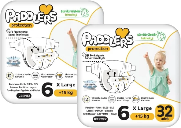 Paddlers Protection Bebek Bezi 6 Numara X-Large (15+ Kg) 64 Adet – 2’Li Set, Maksimum Koruma ürün görseli 1