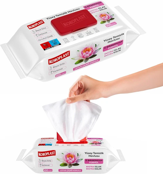 Yüzey Temizlik Havlusu 100 Yaprak, İz Bırakmayan Lotus Kokulu Yüzey Temizlik Mendili 100'Lü, Beyaz Sirke & Karbonat İçeren Islak Havlu & Mendil, Cam Ayna, Ev Ofis, Araba Araç Temizliği ürün görseli 1