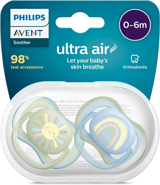 Air Emzik, Erkek Bebekler Için 0-6 Ay, 2’Li Paket, Ortodontik Silikon, Geniş Hava Delikli, Mikrodalga Sterilize Edilebilir, Bpa İçermez, Taşıma Kutulu, Scf085/58 ürün görseli 1