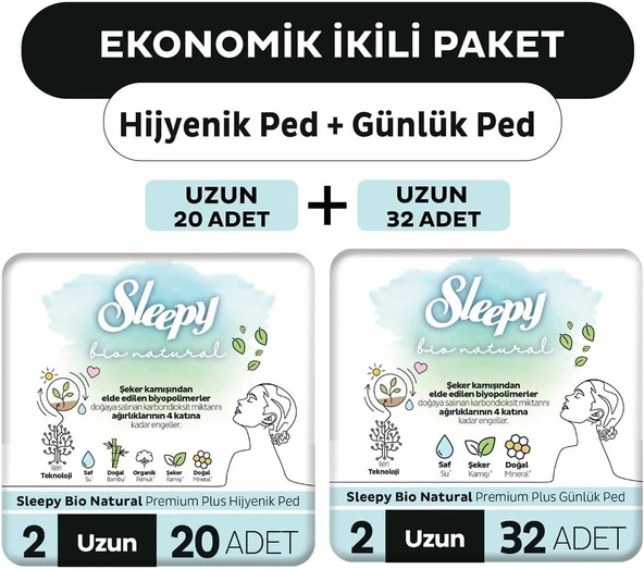 Sleepy Bio Hijyenik Ped Uzun 20'Li + Günlük Ped Uzun 32'Li ürün görseli 1