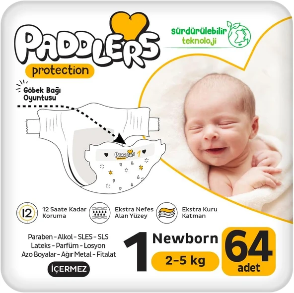Paddlers Protection Yenidoğan Bebek Bezi 1 Numara (2-5 Kg) 64 Adet Paket ürün görseli 1