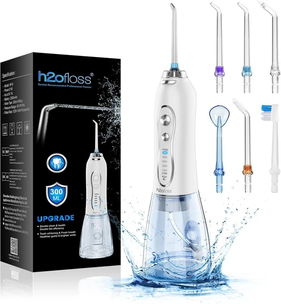 H2Ofloss Şarjlı Kablosuz Ağız Duşu, Hızlı Etkili Arası Temizliği – 300 Ml Su Hazneli, 5 Modlu, 6 Başlıklı, Ipx7 Su Geçirmez, Taşı Temizliği (Beyaz) ürün görseli 1
