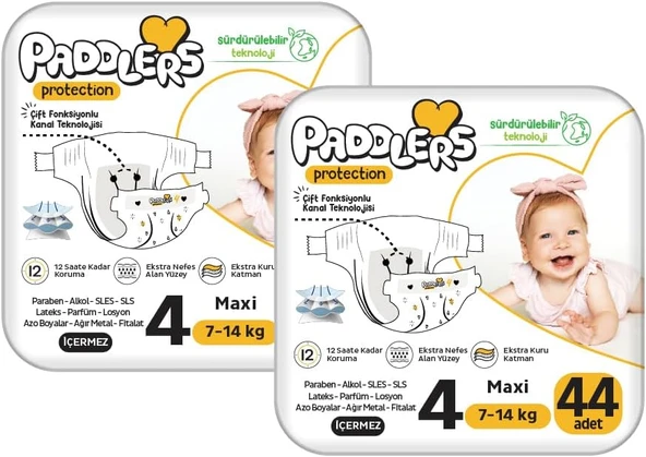 Paddlers Protection Bebek Bezi 4 Numara Maxi (7-14 Kg) 88 Adet – 2’Li Set, Maksimum Koruma ürün görseli 1