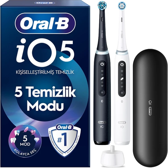 Io5 Şarjlı/Elektrikli Fırçası, 2'Li Set, Mat Siyah & Beyaz, 2 Fırça Başlığı, Uzun Ömürlü Pil, Seyahat Kabı ürün görseli 1