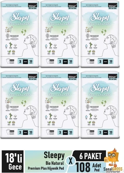 Sleepy Bio Hijyenik Ped 18'Li Gece X 6 Paket ürün görseli 1