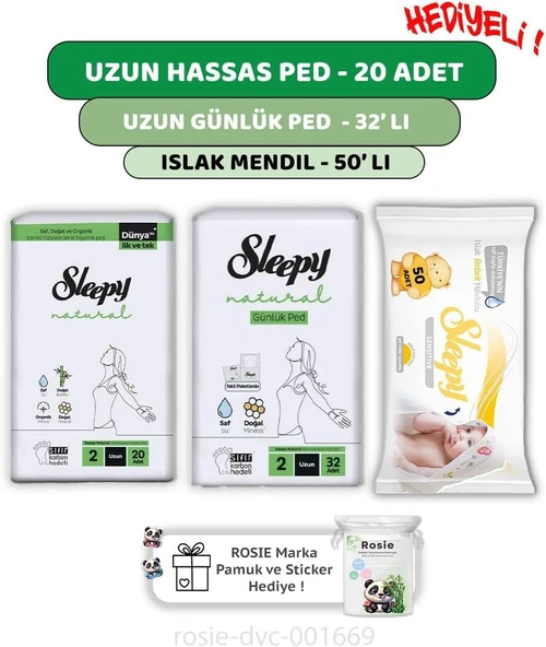 Sleepy Hassas Uzun Ped 20'Li,Günlük Ped 32'Li Sensitive 50'Li Mendil Rosie ürün görseli 1