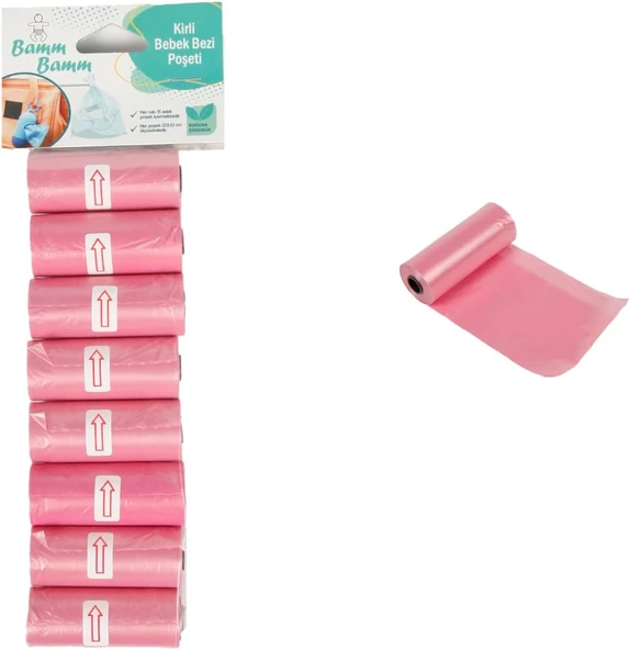 Bamm Bamm Kirli Bebek Bezi Poşeti Çanta Boy Pembe 8 Rulo (120 Adet) ürün görseli 1