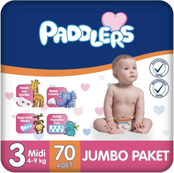 Paddlers Bebek Bezi 3 Numara Midi (4-9 Kg) 70 Adet – Paket ürün görseli 1