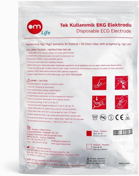 Om Life Tek Kullanımlık Ekg Elektrodu, Ag/Agcl Sensörlü, Jel Tabanlı, 32 Mm, Pvc Lateks İçermez, 50 Adet ürün görseli 1