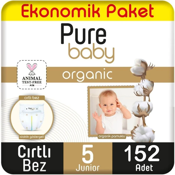 Pure Baby Organik Pamuklu Cırtlı Bez Ekonomik Paket 5 Numara Junior 152 Adet ürün görseli 1