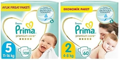 Bebek Bezi Care 5 Beden 108 Adet Junior Aylık Fırsat Paketi & Bebek Bezi Care 2 Beden 60 Adet Mini Paket ürün görseli 1