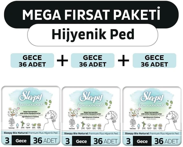 Sleepy Bio Hijyenik Ped Mega Fırsat Paketi Gece 108 Adet ürün görseli 1