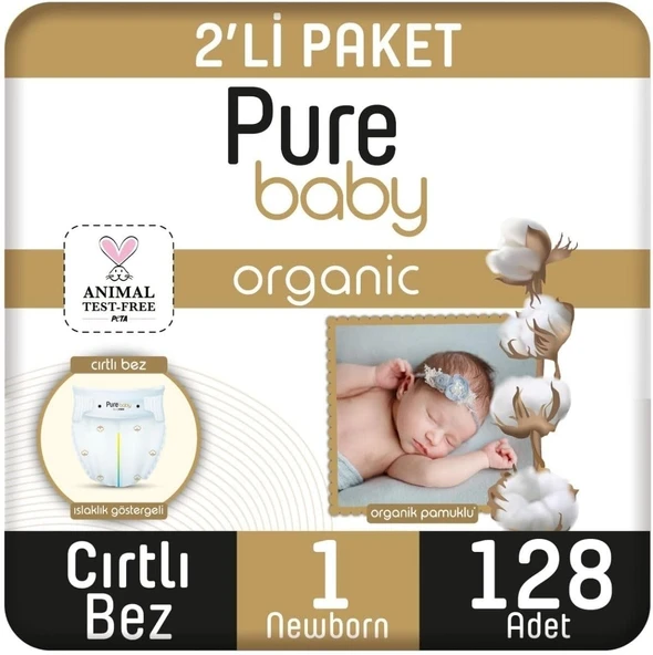 Pure Baby Organik Pamuklu Cırtlı Bez 2'Li Paket 1 Numara Yenidogan 128 Adet ürün görseli 1