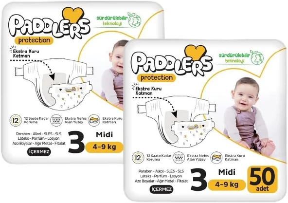 Paddlers Protection Bebek Bezi 3 Numara Midi (4-9 Kg) 100 Adet – 2’Li Set, Maksimum Koruma ürün görseli 1