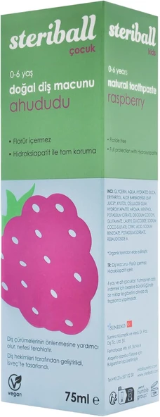 Steriball Doğal Macunu Florürsüz 75 Ml - Ahududu Florür İçermez, Hidroksiapatit Ile Tam Koruma, Vegan ürün görseli 1