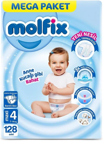 Molfix Mega Paket Bebek Bezi, Beden 4, 7-14 Kg, 116+12 Adet, Bantlı, Kalın Teknolojili, Hızlı Emici ürün görseli 1