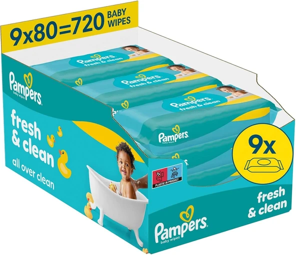 Pampers Fresh&Clean Bebek Islak Havlu 9 Paket 720 Yaprak ürün görseli 1