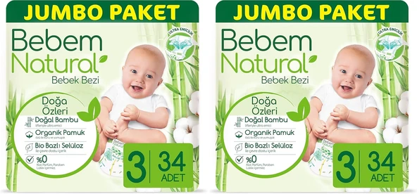 Bebem Bebek Bezi 3 Beden Midi 34 Adet 2Li Paket ürün görseli 1