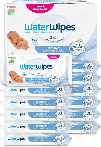 Waterwipes Yeni Doğan & Hassas Ciltler Için 720 Yaprak Bebek Islak Mendili (12 X 60 Adet), Bitki Tabanlı ürün görseli 1